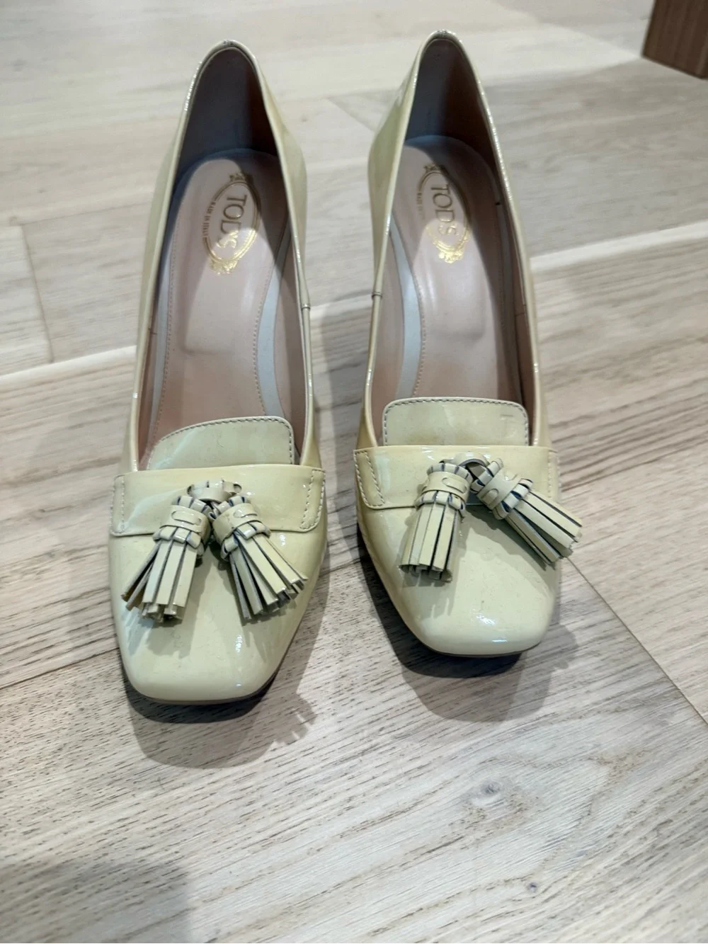 Tod's Cream Patent Leather Tassel Block Heels